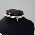 Double Layer Freshwater Pearl Choker Set with Pink Gemstone Accent & Matching Earrings | Bridal Pearl Jewellery Set for Women