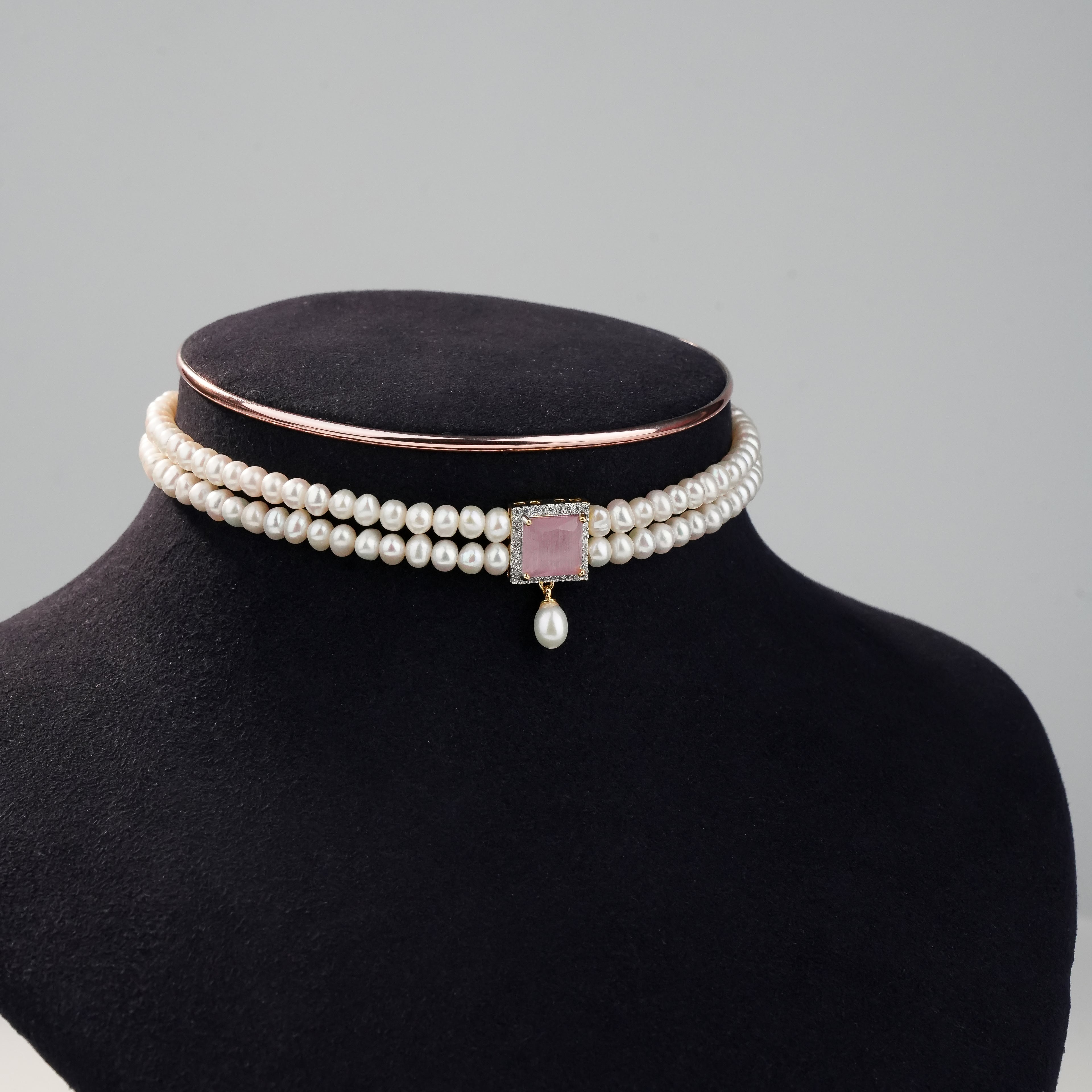 Double Layer Freshwater Pearl Choker Set with Pink Gemstone Accent & Matching Earrings | Bridal Pearl Jewellery Set for Women