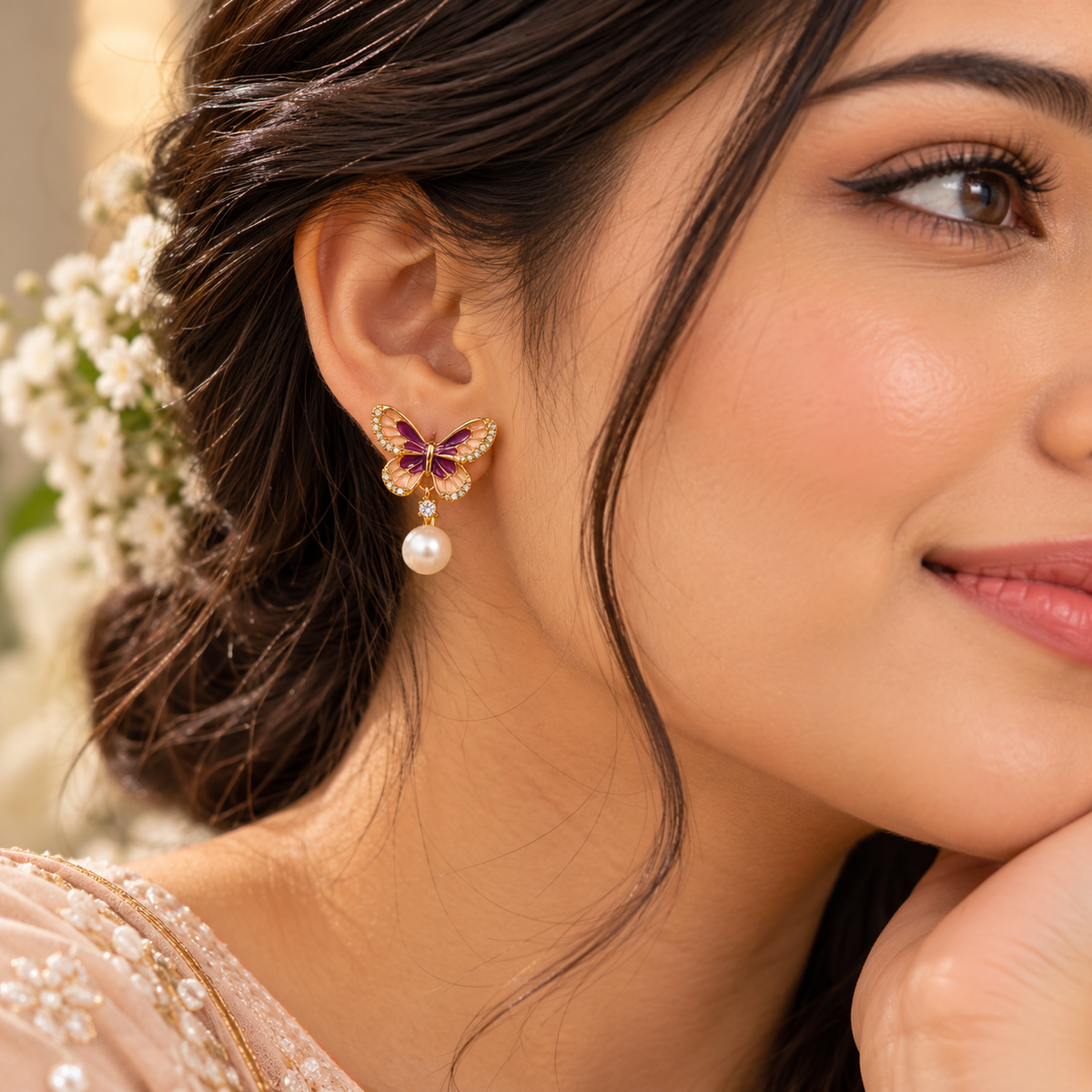 Butterfly Muse Pearl Drop Earrings for Women – Elegant Gold-Tone Design | Krishna Pearls & Jewellers
