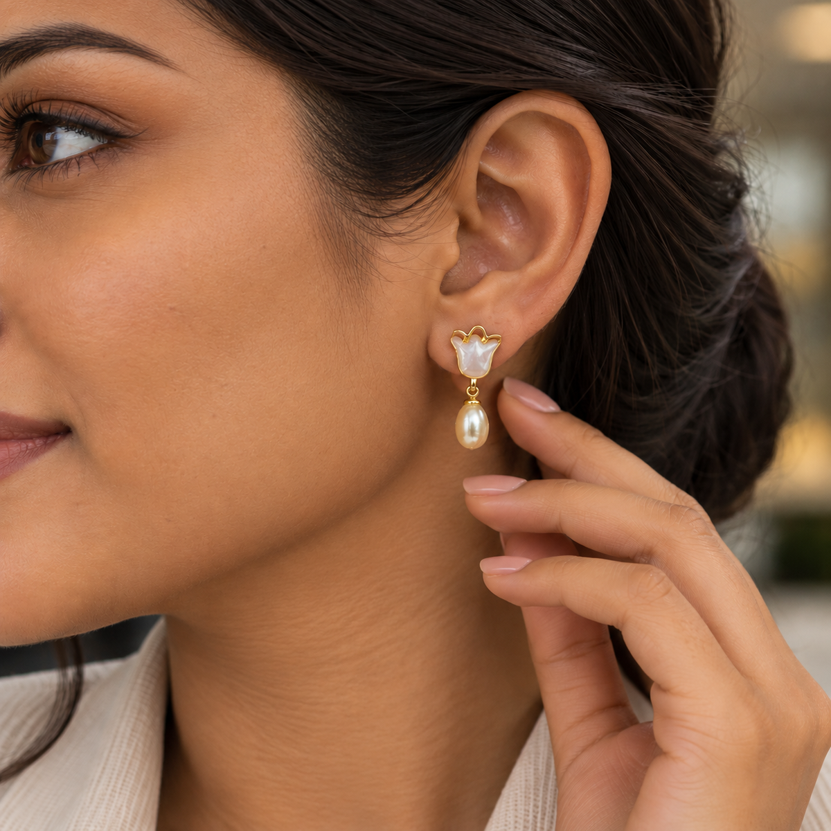 Ivory Tulip Pearl Drop Earrings for Women – Elegant Gold-Tone Floral Design | Krishna Pearls & Jewellers