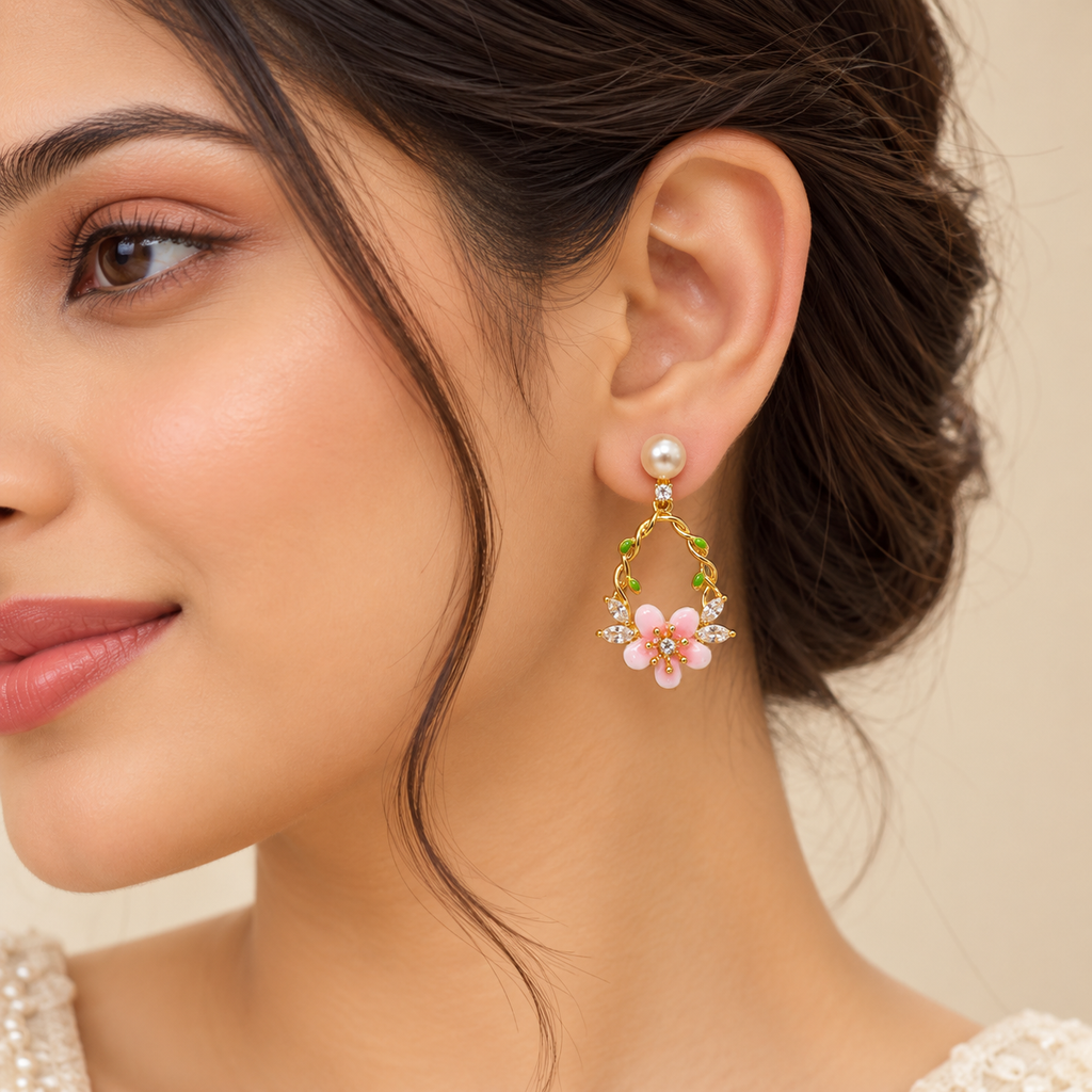 Golden Bloom Floral Earrings for Women – Elegant Flower Design | Krishna Pearls & Jewellers
