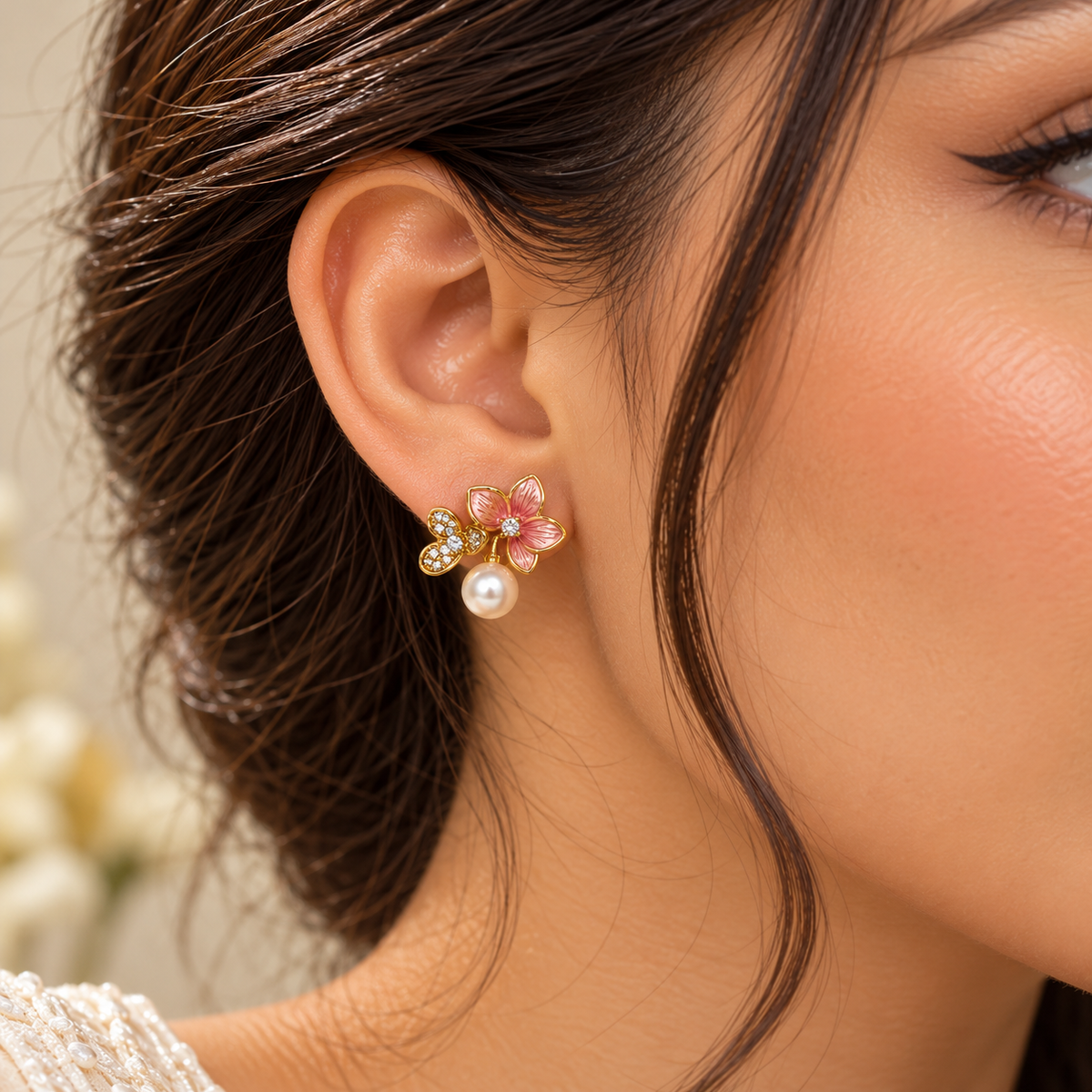 Elegant Floral Pearl Stud Earrings for Women | Krishna Pearls & Jewellers