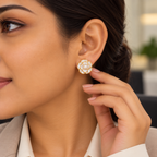 Ivory Rose Bloom Pearl Stud Earrings for Women – Elegant Gold-Tone Floral Design | Krishna Pearls & Jewellers