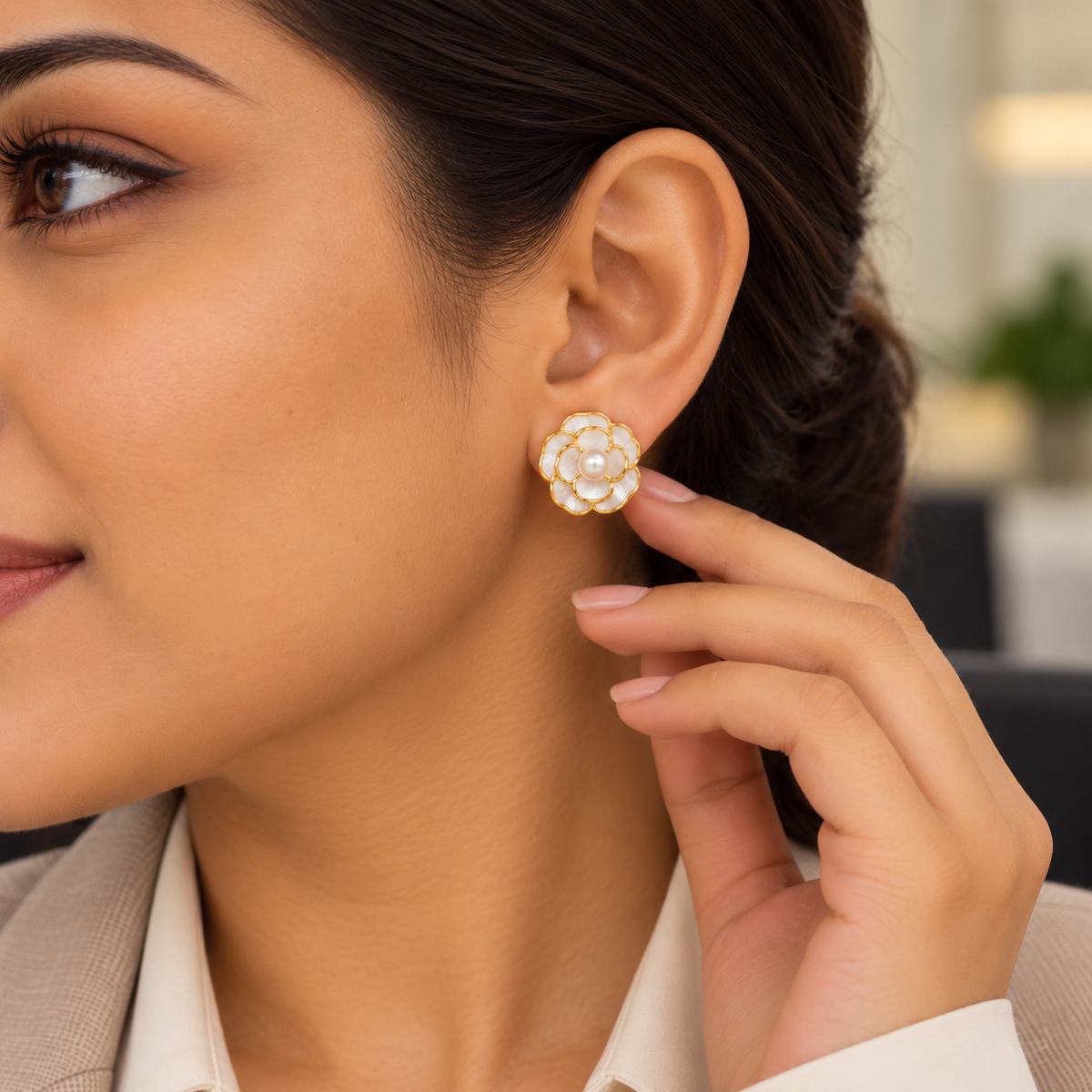 Ivory Rose Bloom Pearl Stud Earrings for Women – Elegant Gold-Tone Floral Design | Krishna Pearls & Jewellers