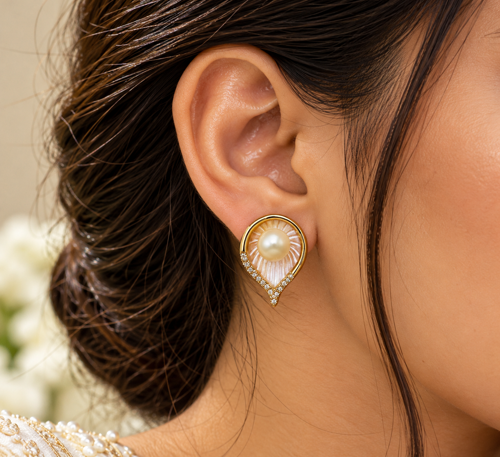 Gold-Tone Pearl Teardrop Stud Earrings for Women – Elegant Crystal Accents