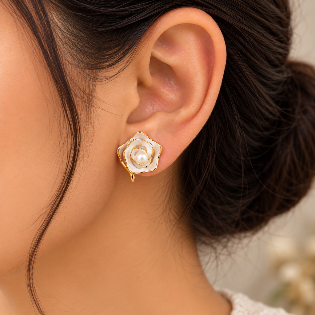 Ivory Rose Swirl Pearl Stud Earrings for Women – Elegant Gold-Tone Floral Design | Krishna Pearls & Jewellers