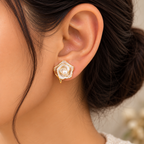 Ivory Rose Swirl Pearl Stud Earrings for Women – Elegant Gold-Tone Floral Design | Krishna Pearls & Jewellers