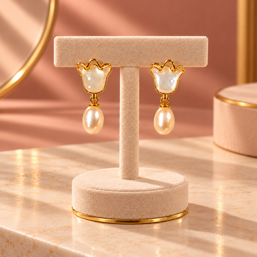 Ivory Tulip Pearl Drop Earrings for Women – Elegant Gold-Tone Floral Design | Krishna Pearls & Jewellers