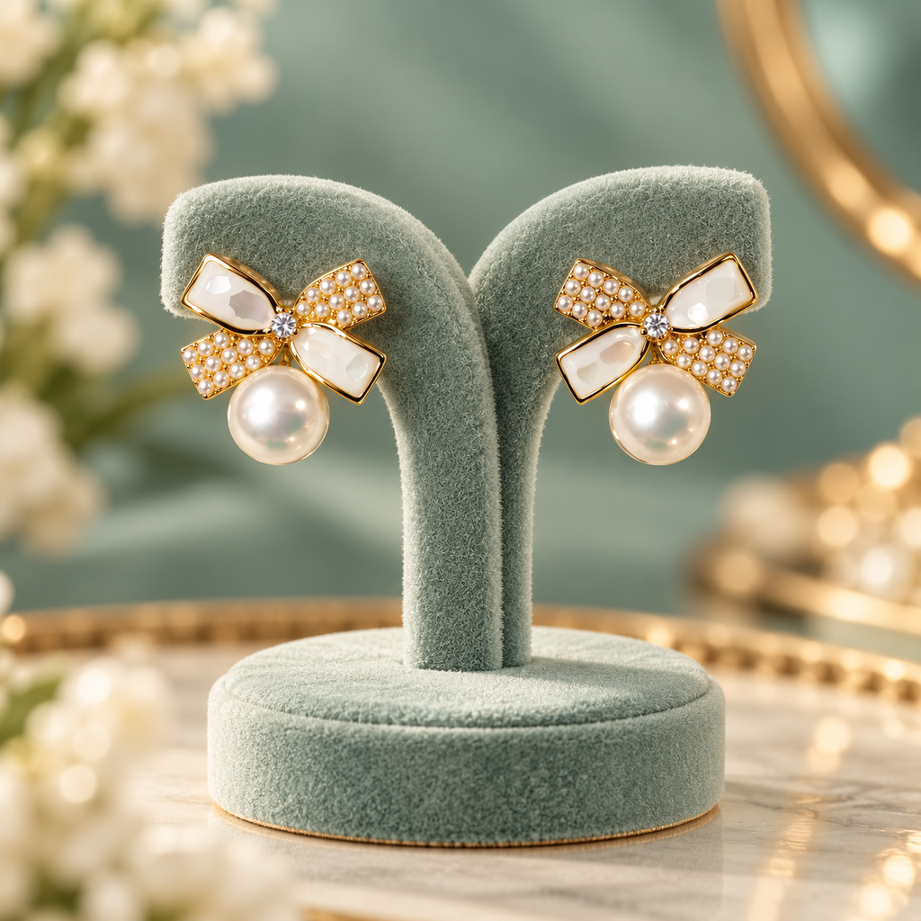 Gold-Tone Pearl Bow Drop Earrings for Women – Elegant Crystal-Accented Earrings