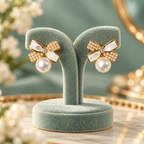 Gold-Tone Pearl Bow Drop Earrings for Women – Elegant Crystal-Accented Earrings