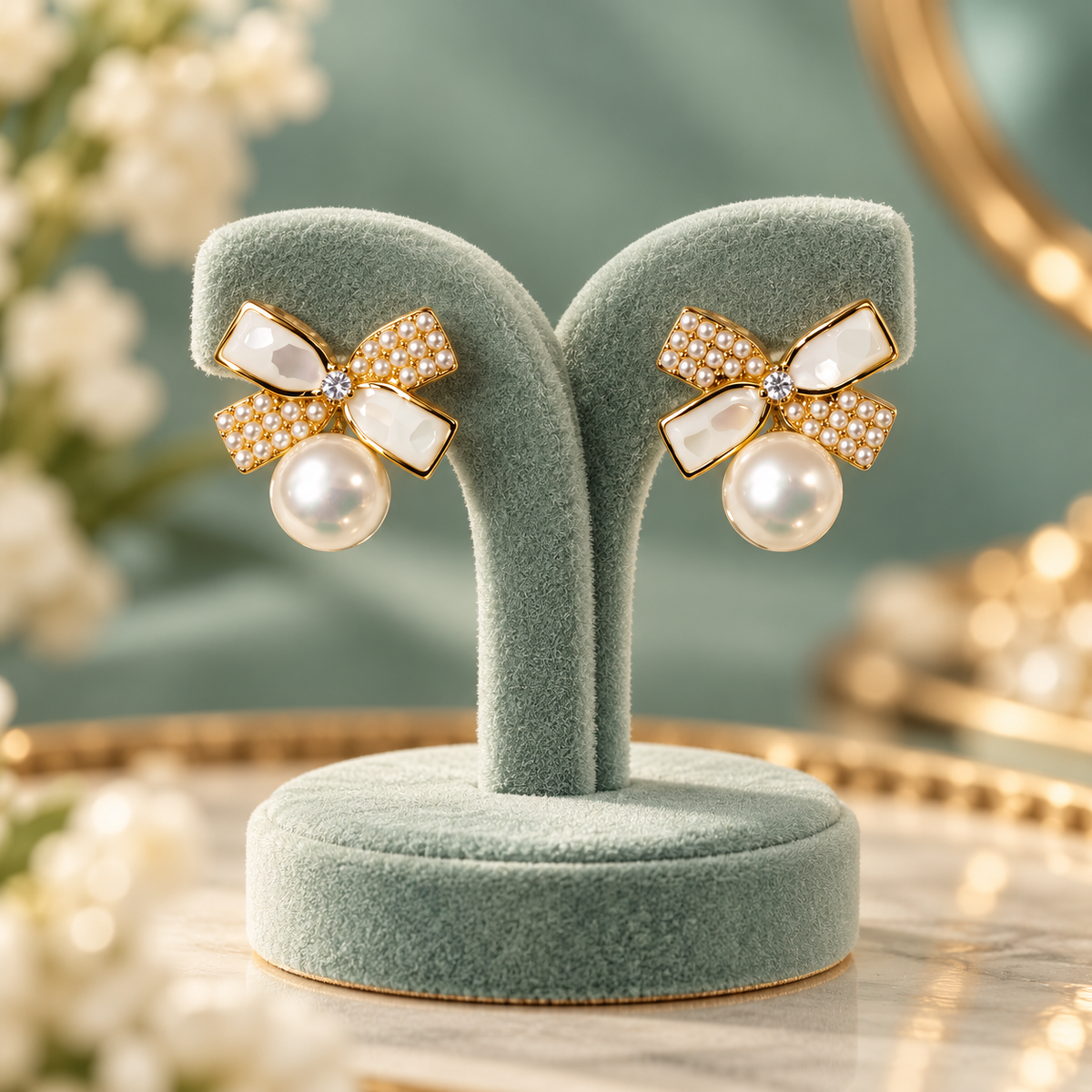 Gold-Tone Pearl Bow Drop Earrings for Women – Elegant Crystal-Accented Earrings