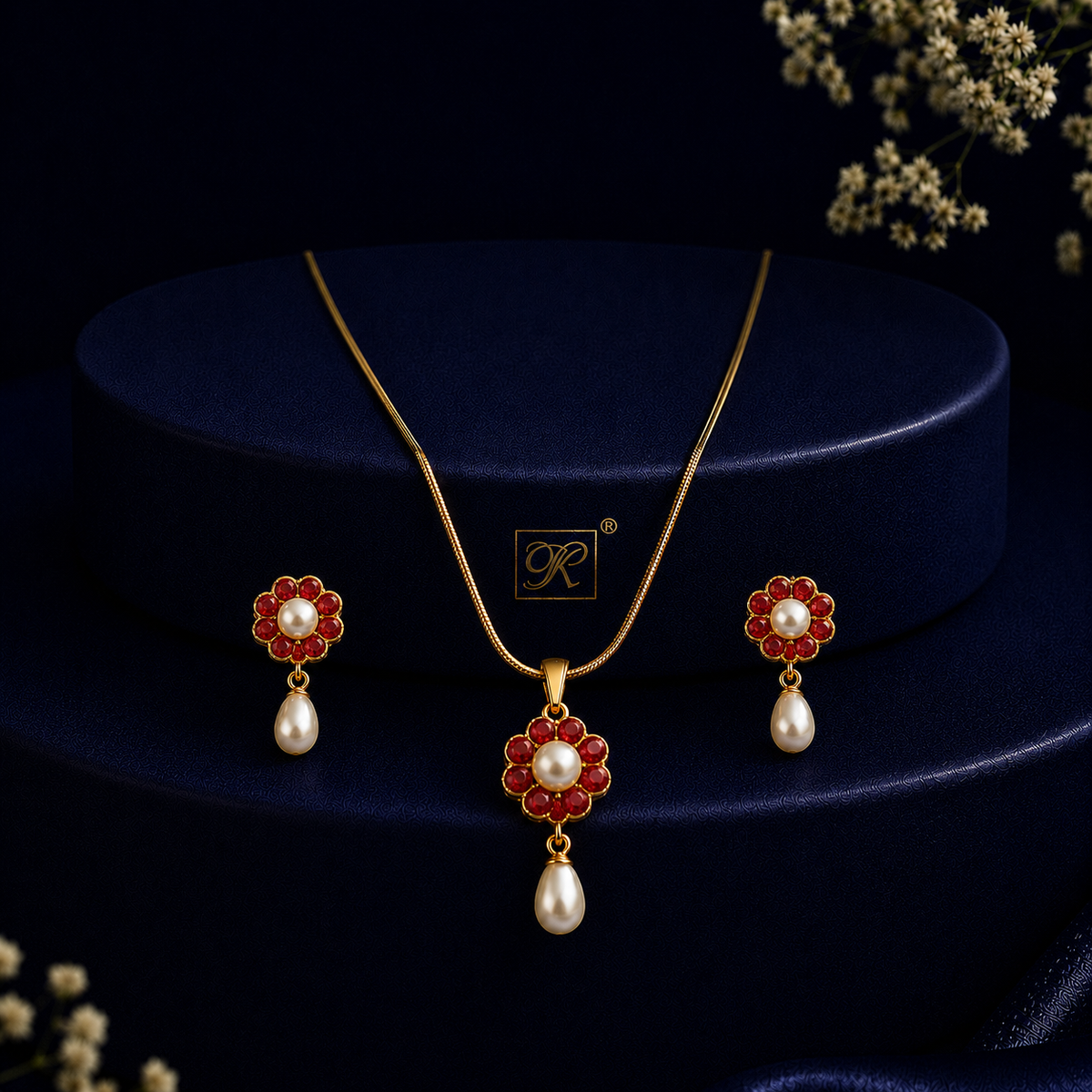 Elite Freshwater Pearl with Red Stone Earrings & Pendant Set in Gold | Pearl Jewellery Set | Krishna Pearls & Jewellers
