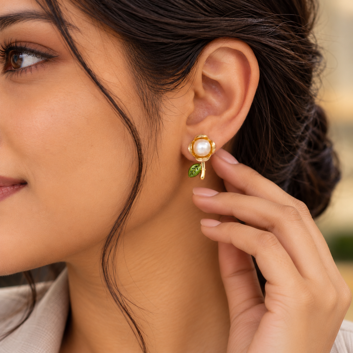 Pearl Rosebud Leaf Earrings for Women – Elegant Gold-Tone Floral Design | Krishna Pearls & Jewellers