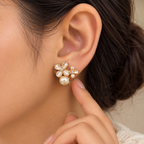 Ivory Twin Blossom Pearl Drop Earrings for Women – Elegant Gold-Tone Floral Design | Krishna Pearls & Jewellers