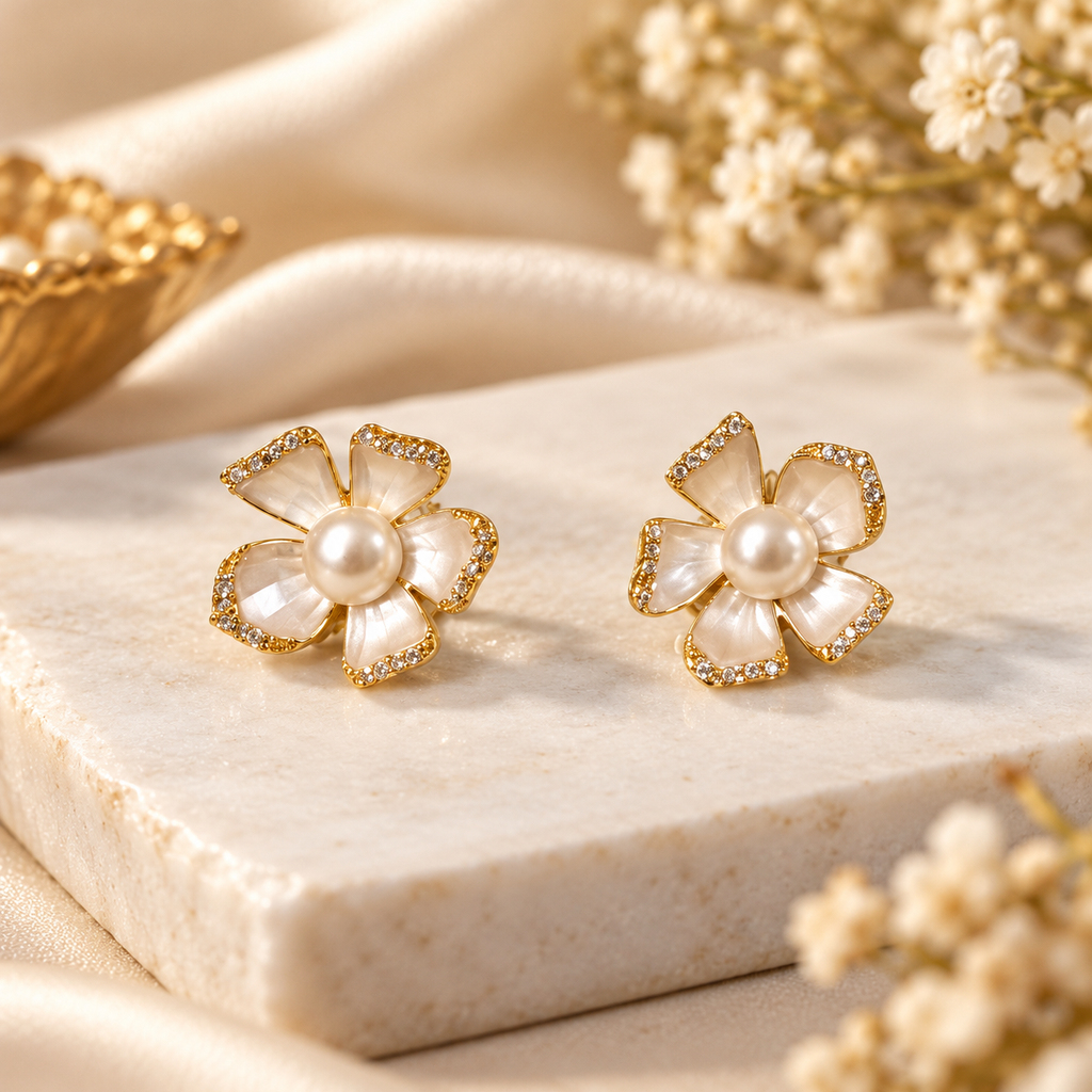 Ivory Glimmer Pearl Floral Stud Earrings for Women – Elegant Gold-Tone Design | Krishna Pearls & Jewellers