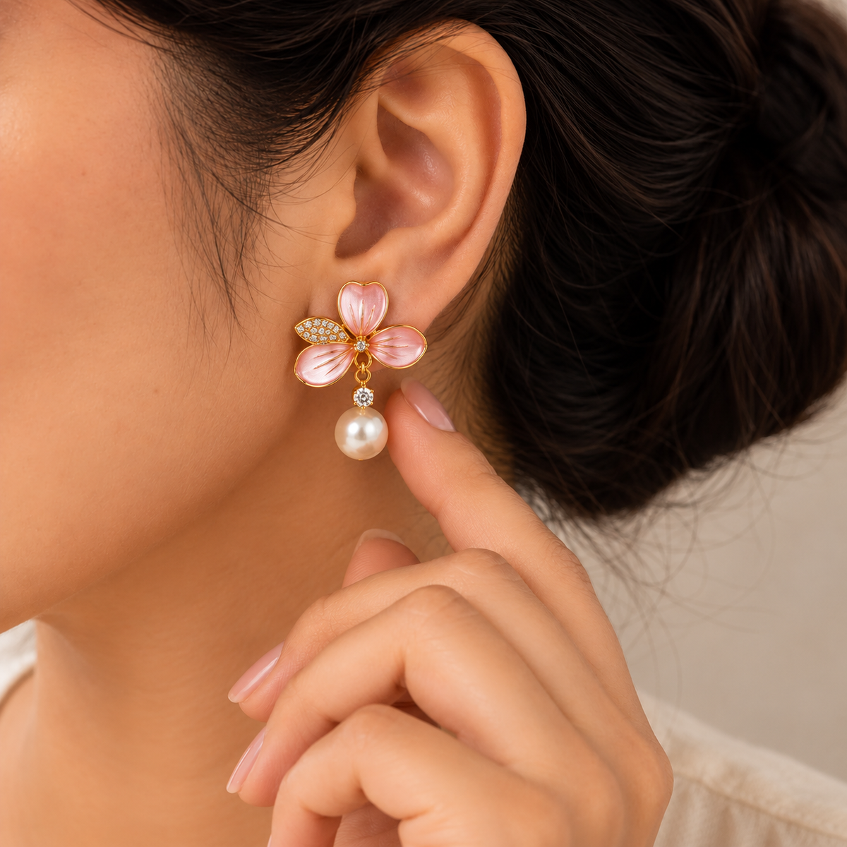 Blush Petal Pearl Drop Earrings for Women – Elegant Pink Floral Design | Krishna Pearls & Jewellers