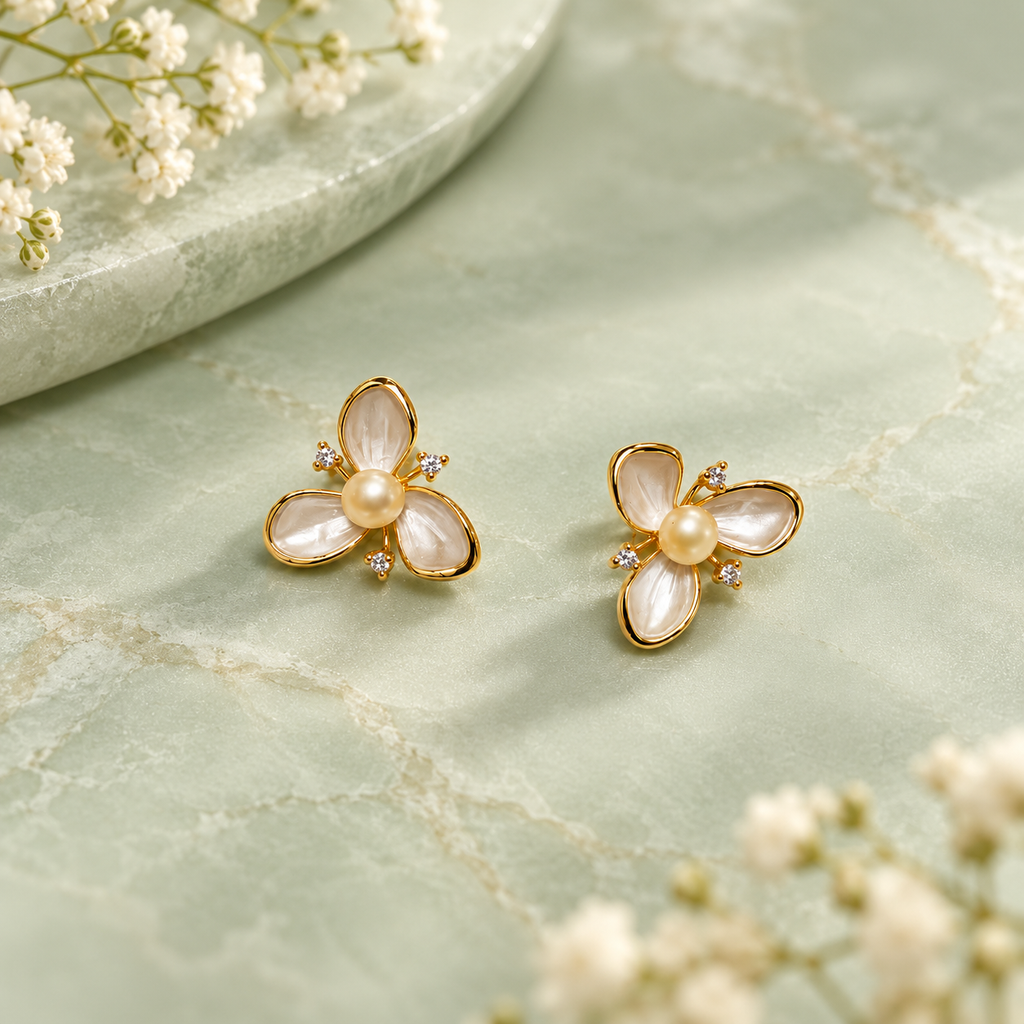 Pearl Blossom Floral Stud Earrings for Women – Elegant Gold-Tone Design | Krishna Pearls & Jewellers
