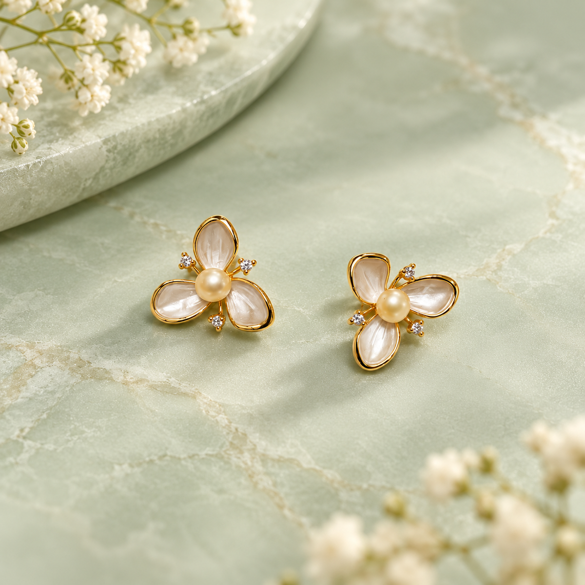 Pearl Blossom Floral Stud Earrings for Women – Elegant Gold-Tone Design | Krishna Pearls & Jewellers
