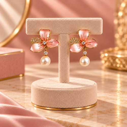 Blush Petal Pearl Drop Earrings for Women – Elegant Pink Floral Design | Krishna Pearls & Jewellers