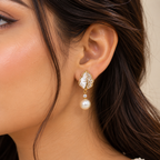 Golden Leaf Pearl Stud Earrings for Women – Elegant Gold-Tone Design | Krishna Pearls & Jewellers
