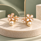 Ivory Twin Blossom Pearl Drop Earrings for Women – Elegant Gold-Tone Floral Design | Krishna Pearls & Jewellers