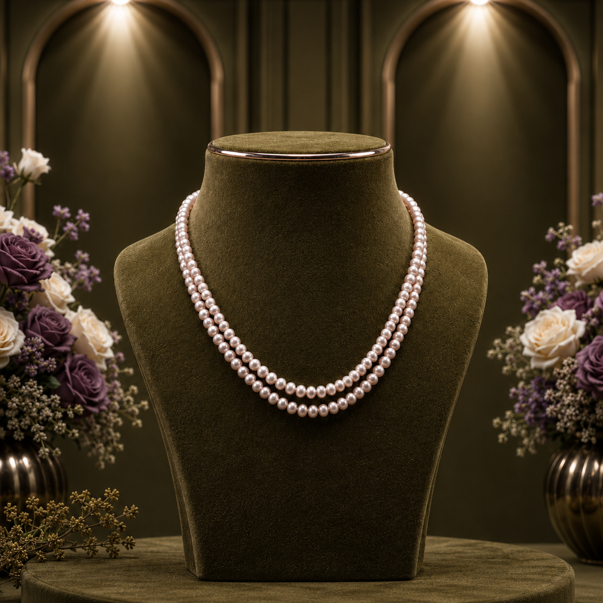 A double-strand pearl necklace displayed on a dark olive velvet jewelry bust, set against a warm, elegant background with lit arches and floral arrangements.