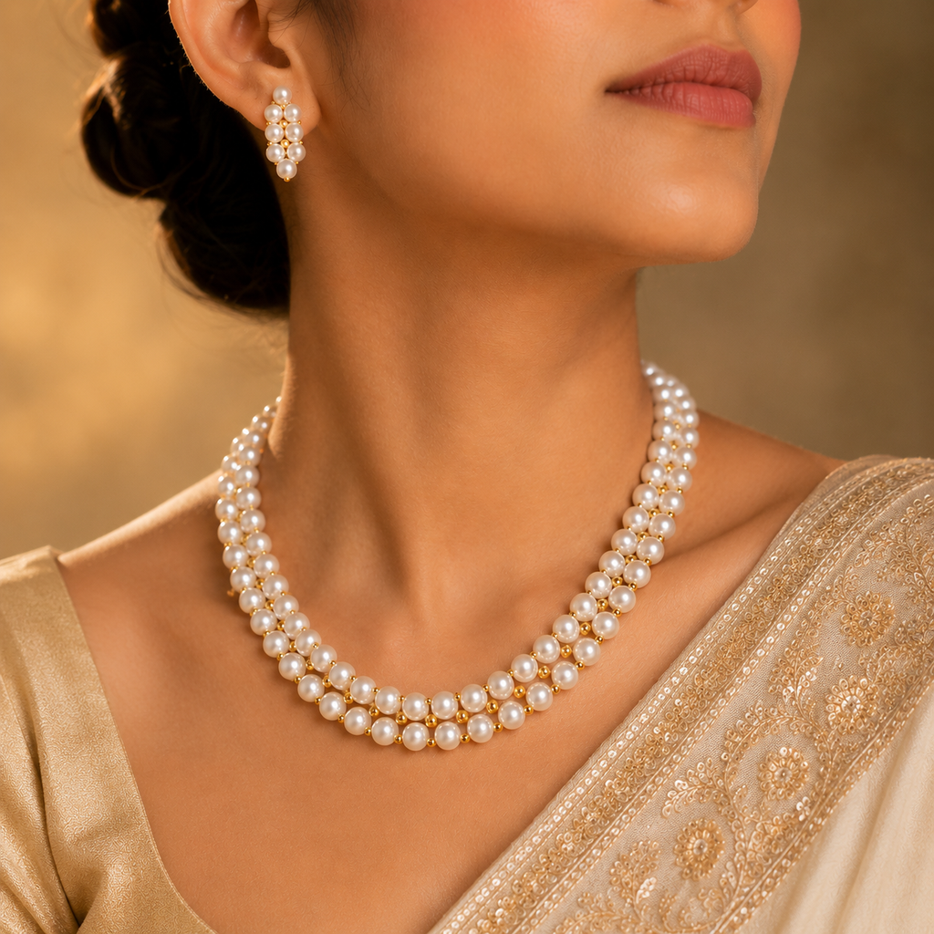 Elegant Multi-Strand Pearl Necklace Set with Matching Earrings | Krishna Pearls and Jewellers