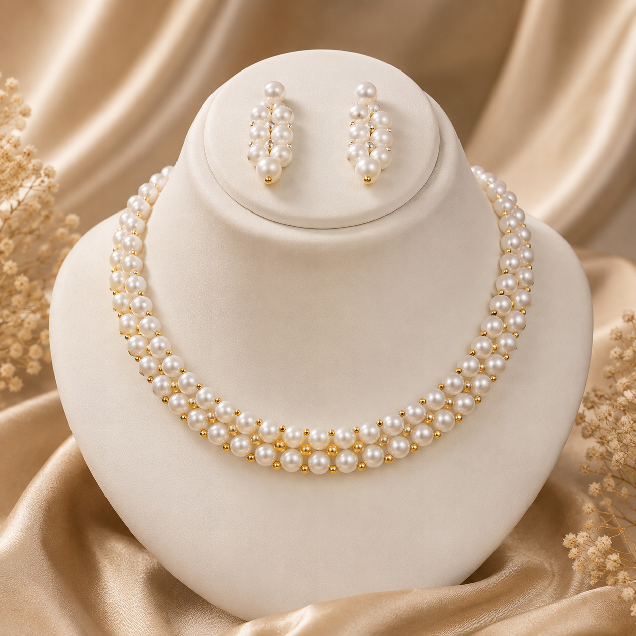 Elegant Multi-Strand Pearl Necklace Set with Matching Earrings | Krishna Pearls and Jewellers