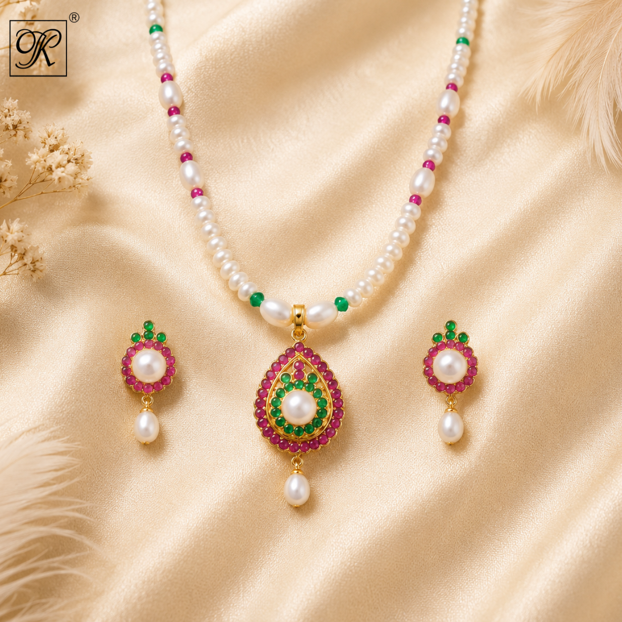 Festive Pearl & Multicolor stone Medallion | Krishna Pearls and Jewellers