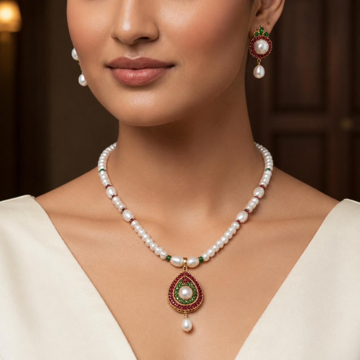 Festive Pearl & Multicolor stone Medallion