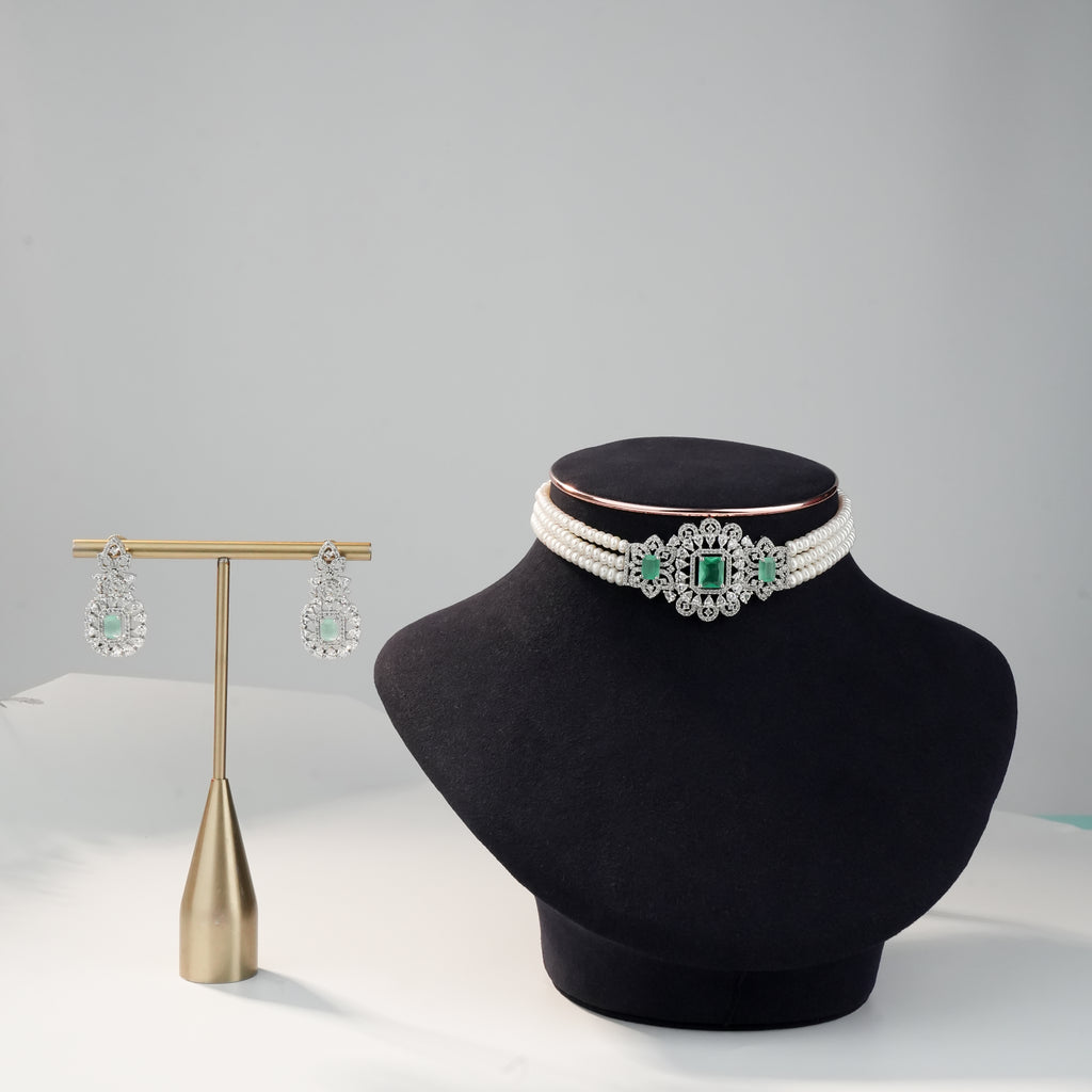 Luxury Freshwater Pearl Choker Set with Green Stone Crystal Centerpiece & Matching Earrings | Designer Bridal Pearl Jewellery Set