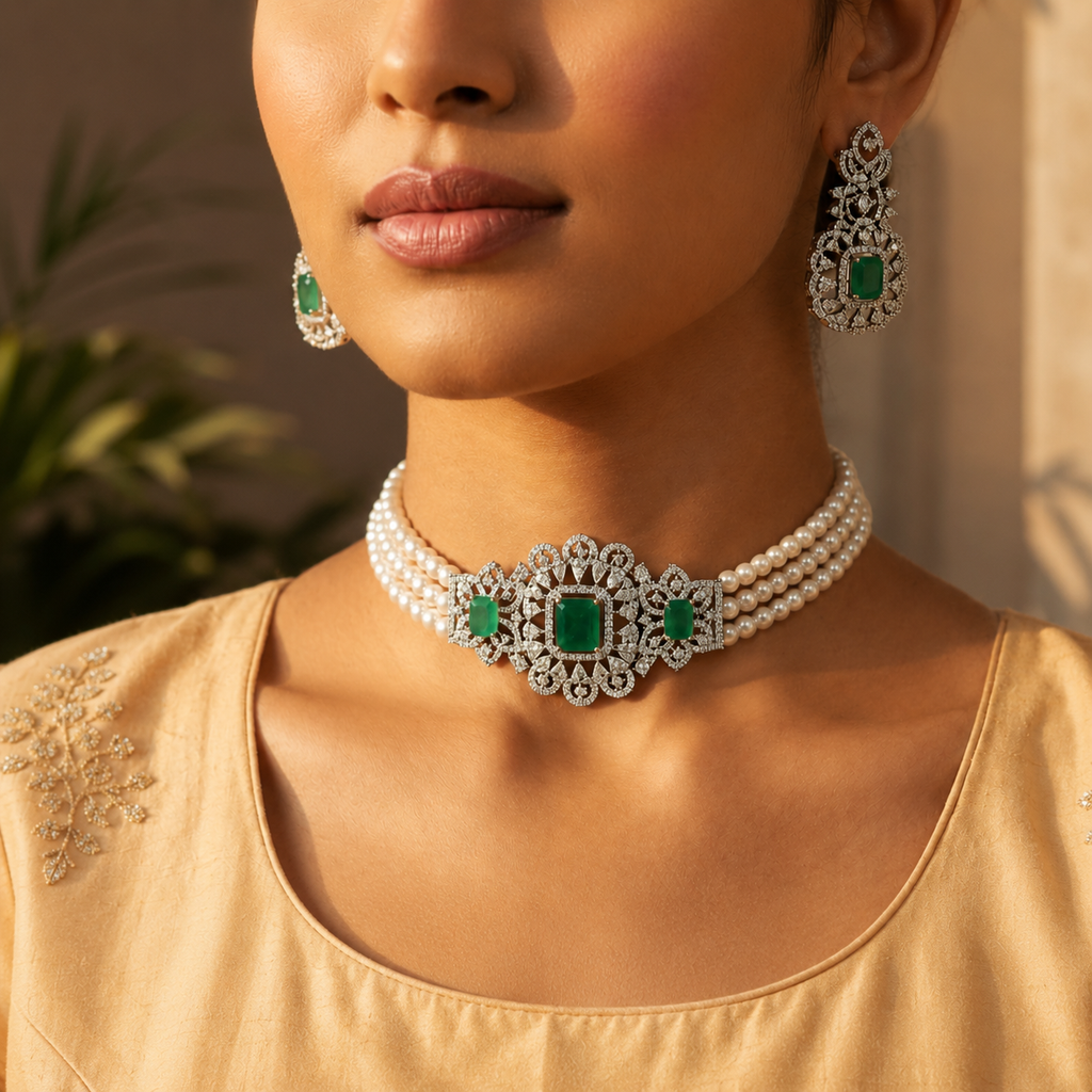 Luxury Freshwater Pearl Choker Set with Green Stone Crystal Centerpiece & Matching Earrings | Designer Bridal Pearl Jewellery Set