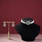 Luxury Freshwater Pearl Choker Set with Green Stone Crystal Centerpiece & Matching Earrings | Designer Bridal Pearl Jewellery Set