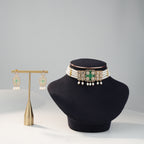 Freshwater Pearl Choker Set with Green Gemstone Centerpiece & Matching Earrings | Bridal Designer Pearl Jewellery