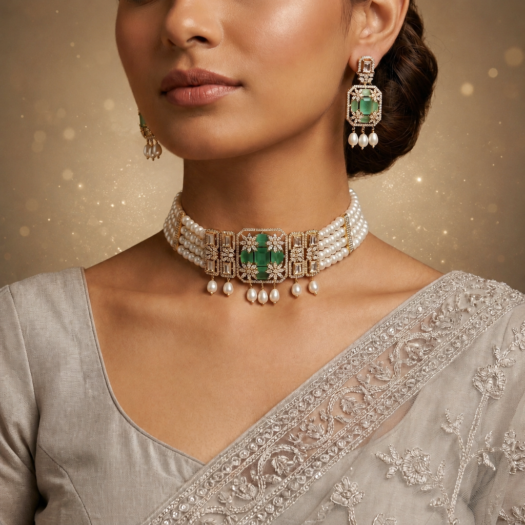 Freshwater Pearl Choker Set with Green Gemstone Centerpiece & Matching Earrings | Bridal Designer Pearl Jewellery