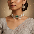 Freshwater Pearl Choker Set with Green Gemstone Centerpiece & Matching Earrings | Bridal Designer Pearl Jewellery
