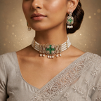 Freshwater Pearl Choker Set with Green Gemstone Centerpiece & Matching Earrings | Bridal Designer Pearl Jewellery