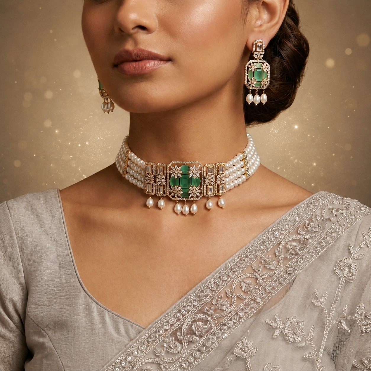Freshwater Pearl Choker Set with Green Gemstone Centerpiece & Matching Earrings | Bridal Designer Pearl Jewellery