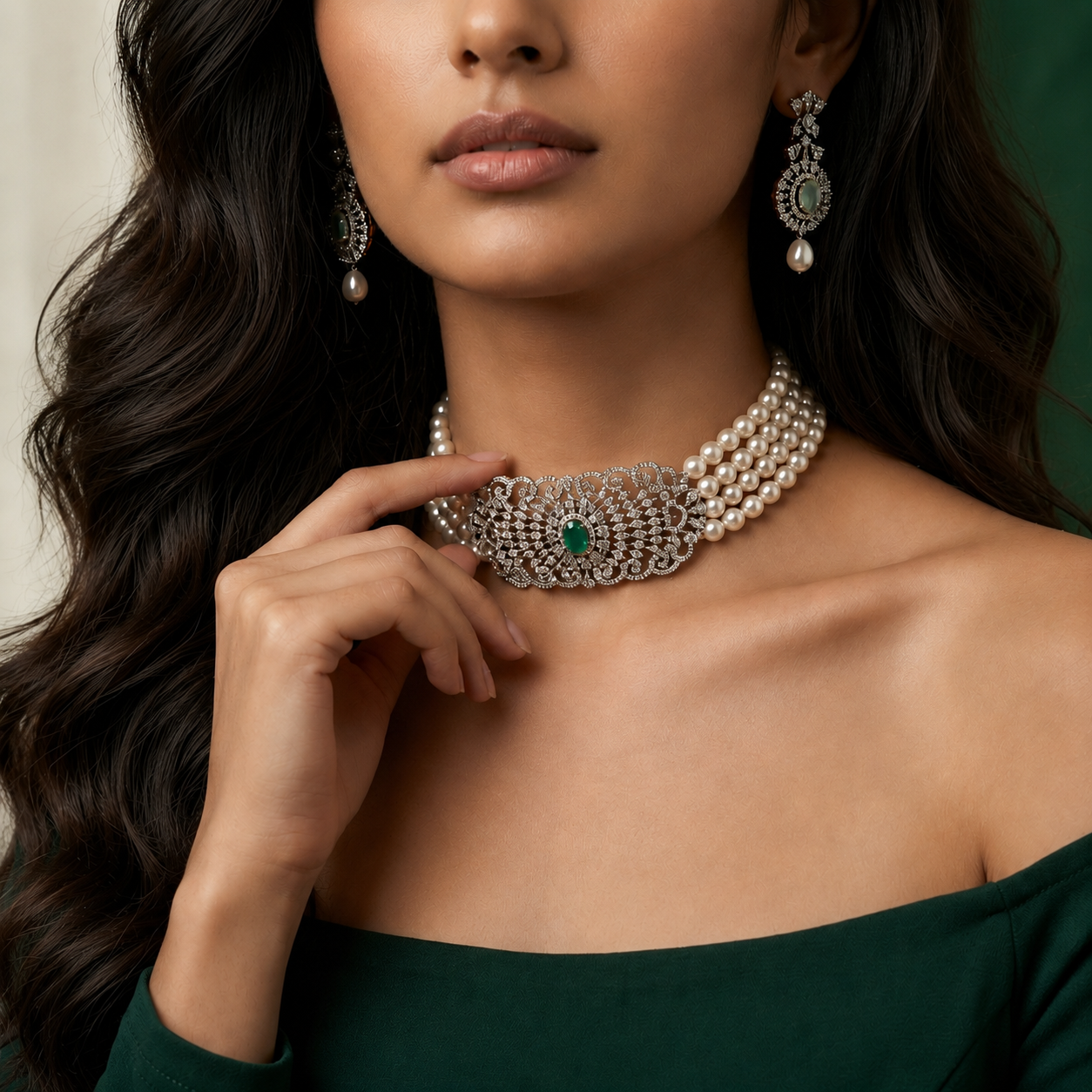 Vintage Freshwater Pearl Choker Set with cubic zirconia  (CZ) Crystal Filigree Centerpiece & Matching Earrings | Luxury Bridal Pearl Jewellery Set