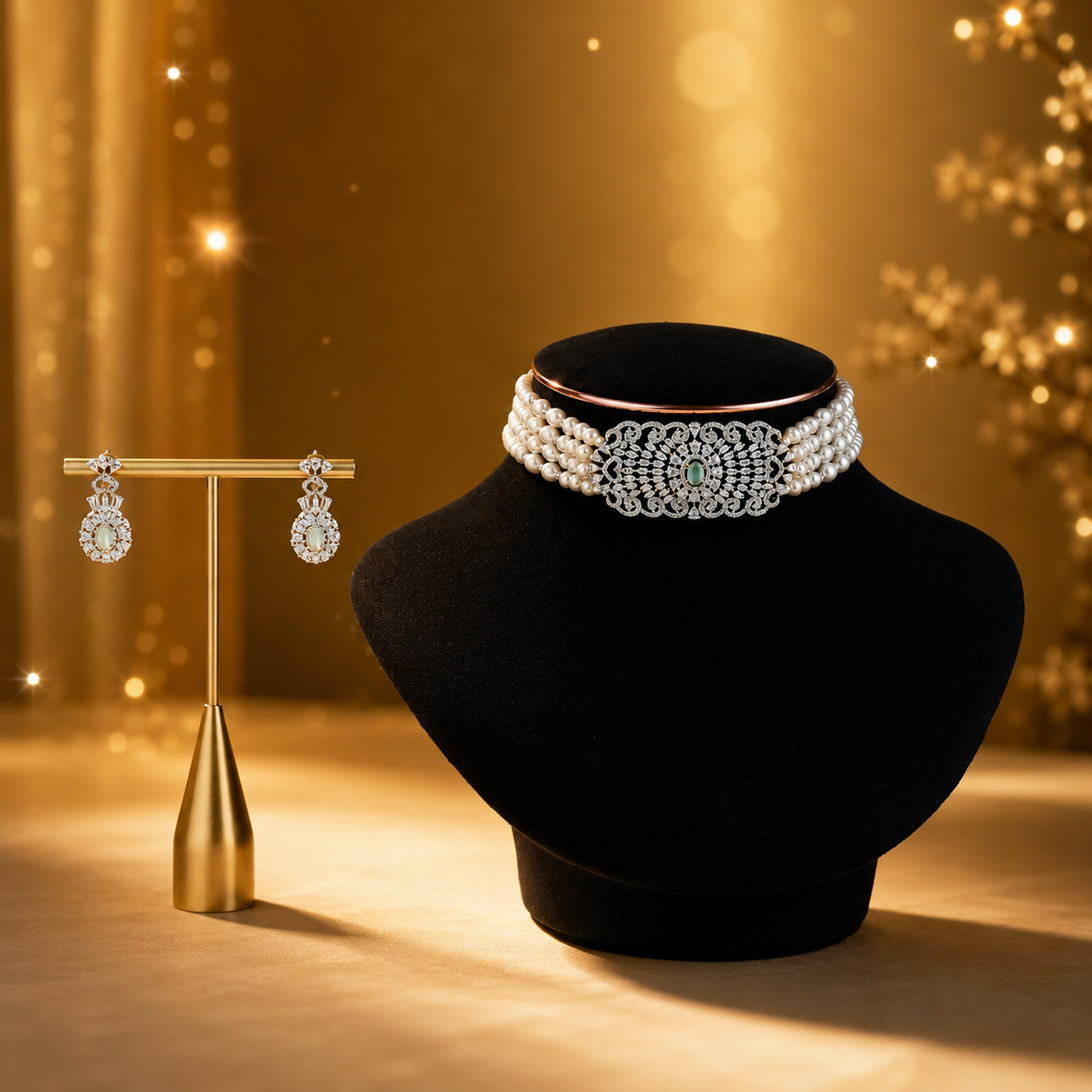 Vintage Freshwater Pearl Choker Set with cubic zirconia  (CZ) Crystal Filigree Centerpiece & Matching Earrings | Luxury Bridal Pearl Jewellery Set