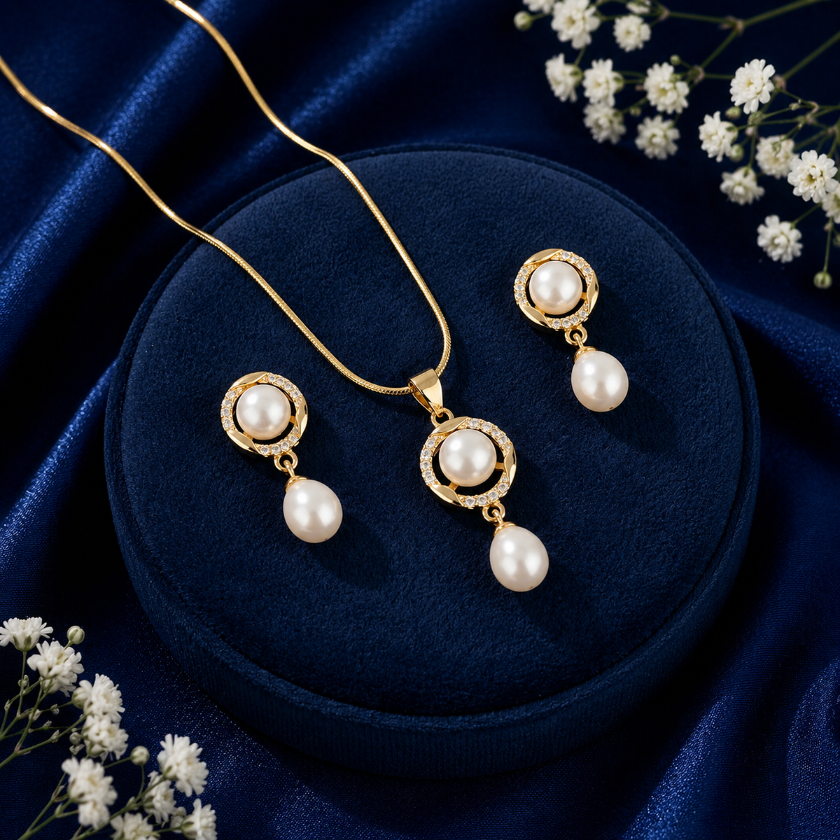 Heirloom Freshwater Pearl & CZ Earrings & Pendant Set in Gold | Pearl Jewellery Set | Krishna Pearls & Jewellers