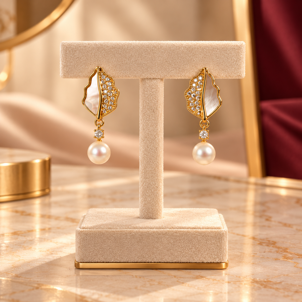 Golden Leaf Pearl Stud Earrings for Women – Elegant Gold-Tone Design | Krishna Pearls & Jewellers