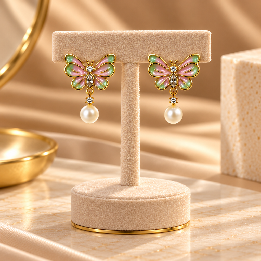 Aurora Butterfly Pearl Drop Earrings for Women – Pink & Green Gold-Tone Design | Krishna Pearls & Jewellers