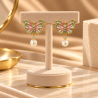Aurora Butterfly Pearl Drop Earrings for Women – Pink & Green Gold-Tone Design | Krishna Pearls & Jewellers