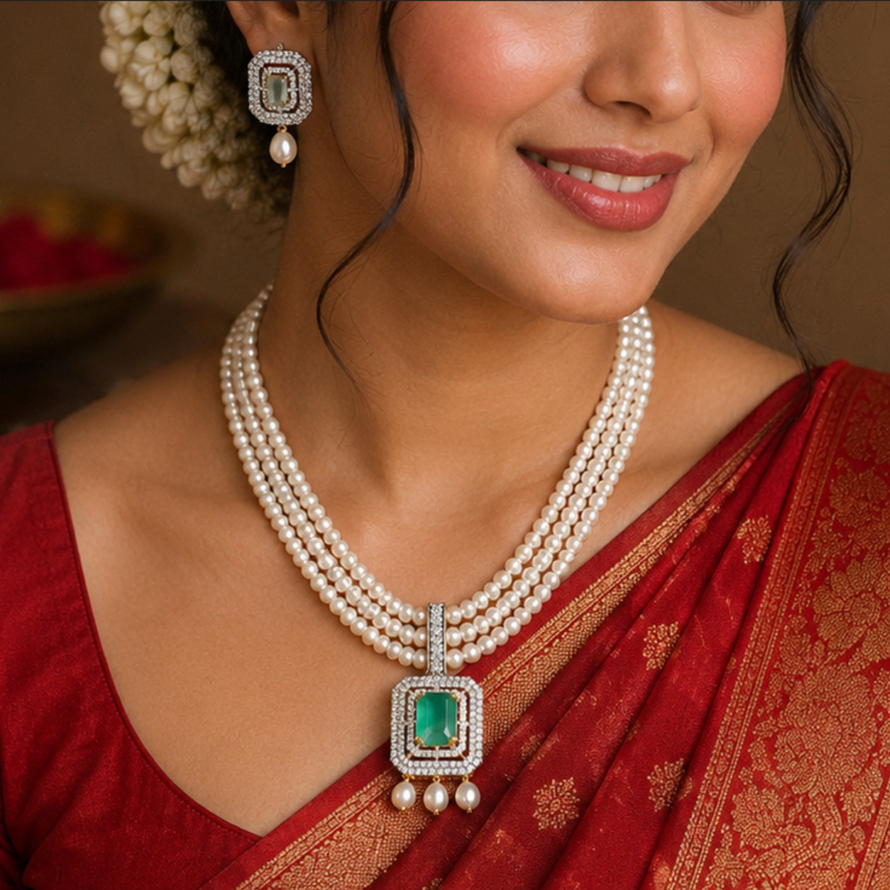 Triple Strand Freshwater Pearl Necklace & Earrings Set