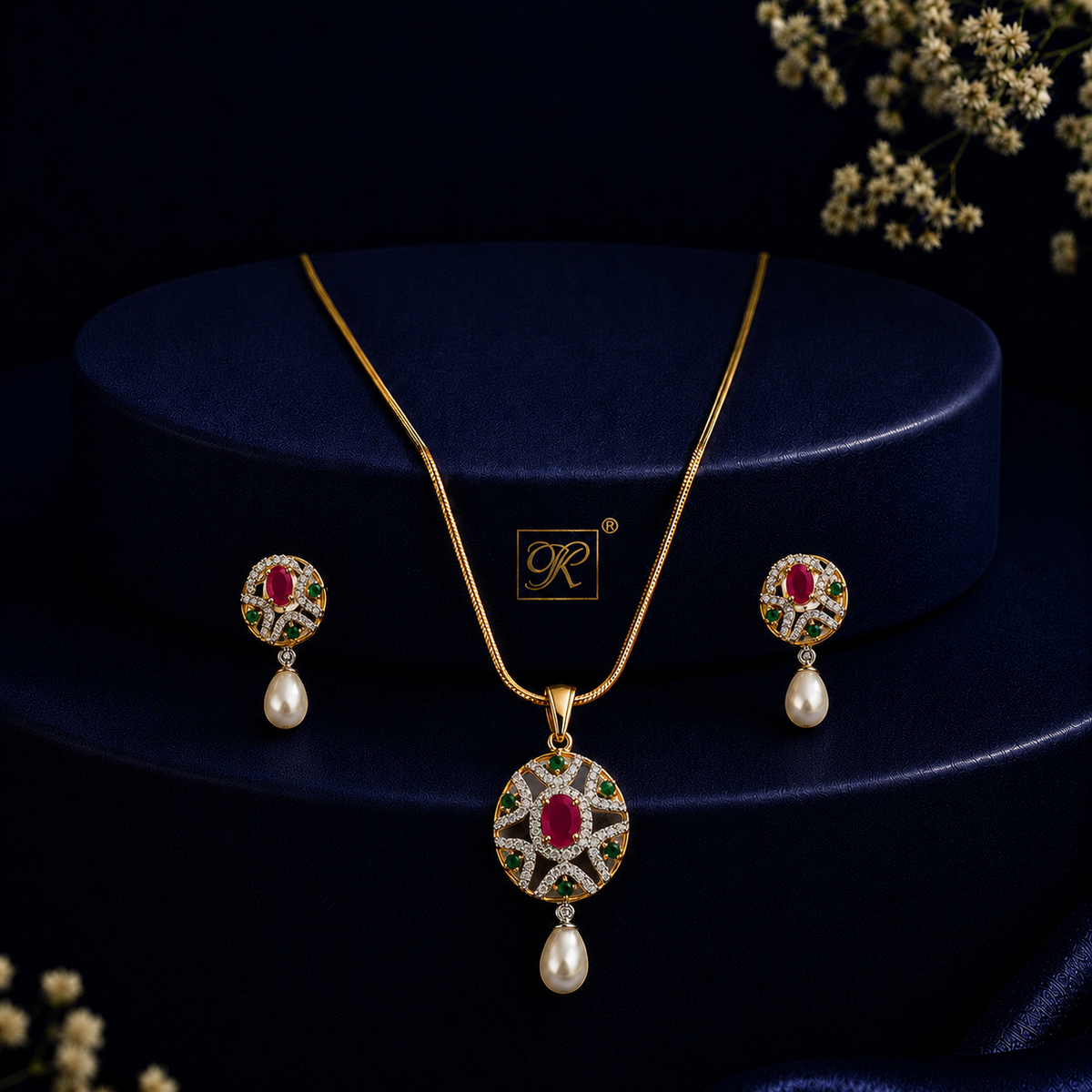 Majestic Freshwater Pearl with CZ & Multi Stone Earrings & Pendant Set in Gold | Pearl Jewellery Set | Krishna Pearls & Jewellers