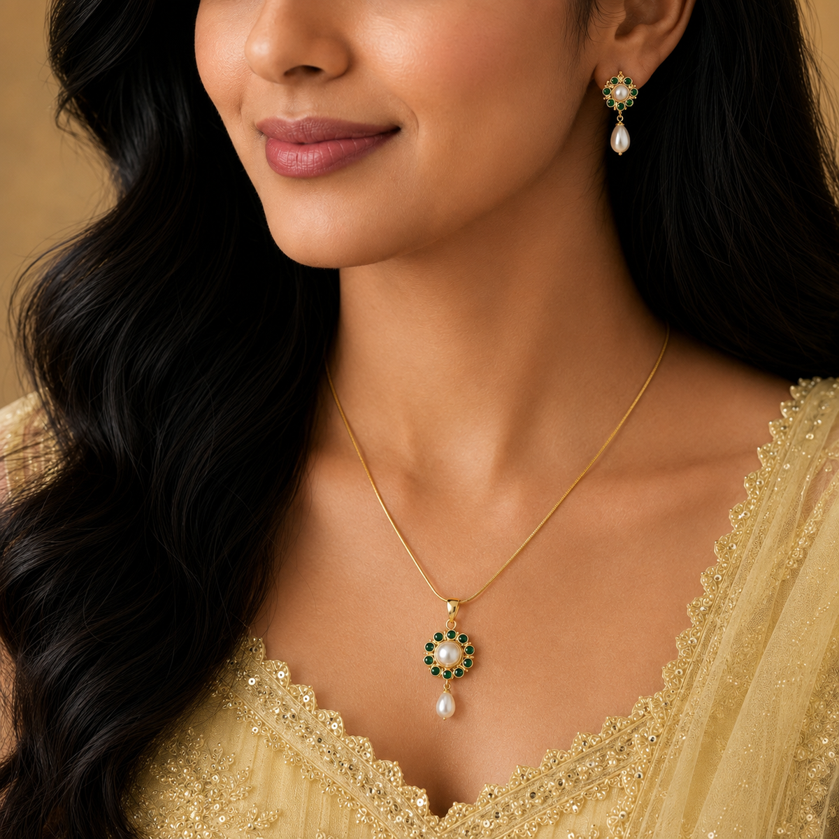 A close-up of a woman wearing a delicate gold necklace with a floral pendant featuring green stones and white pearls, along with a matching drop earring, set against a warm beige background.