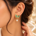 Aqua Butterfly Pearl Drop Earrings for Women – Iridescent Gold-Tone Design | Krishna Pearls & Jewellers