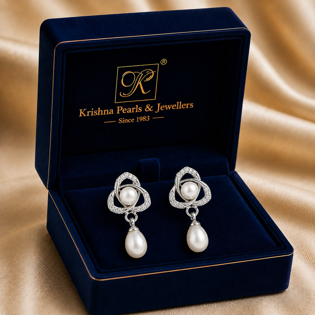 Ornate White Polish Freshwater Pearl & CZ Drop Earrings in Silver Tone — Style T4501 | Pearl Earrings for Women | Krishna Pearls & Jewellers