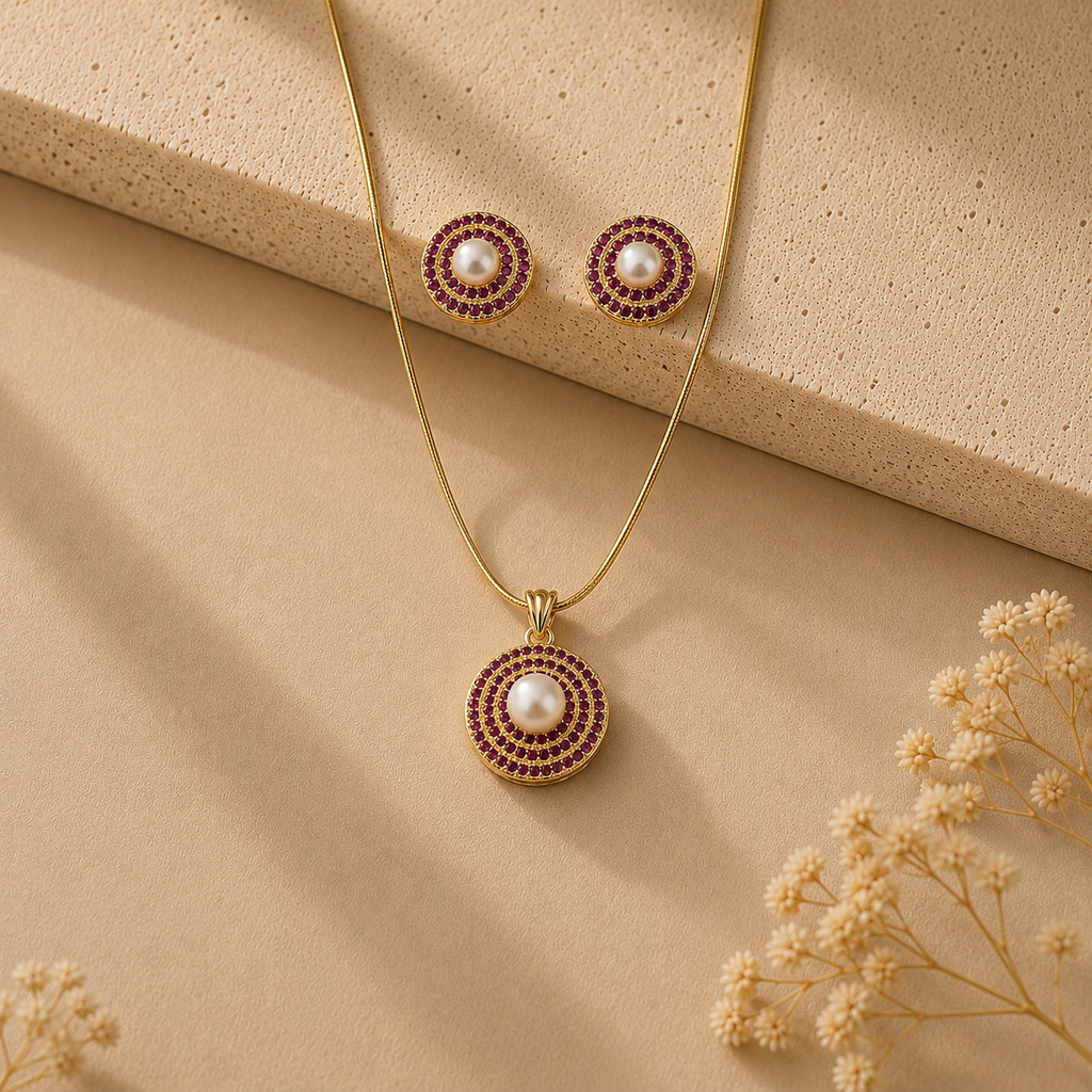 Grand Freshwater Pearl with Red Stone Earrings & Pendant Set in Gold | Pearl Jewellery Set | Krishna Pearls & Jewellers